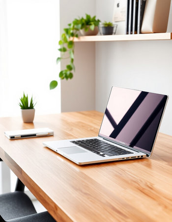 laptop on wooden table in modern office, close up