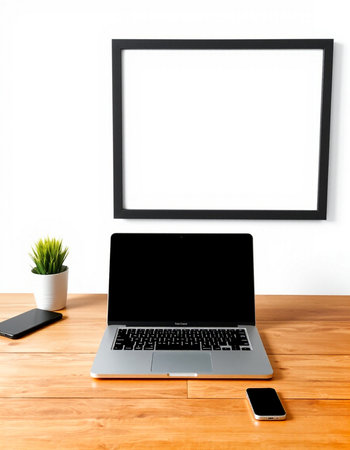 Laptop computer with blank screen on wooden table and white wall background