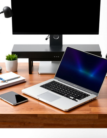 Laptop and office equipment on wooden desk. Workplace concept.