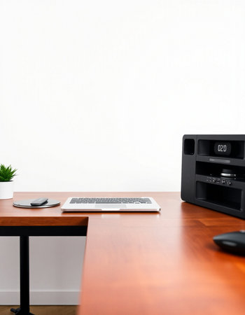 Office desk with laptop computer and coffee cup on wooden table, stock photo