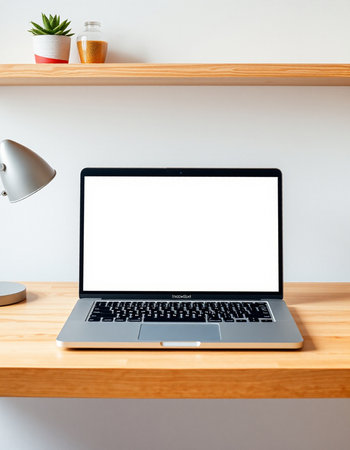 Laptop with blank screen on wooden shelf in modern office, mockup