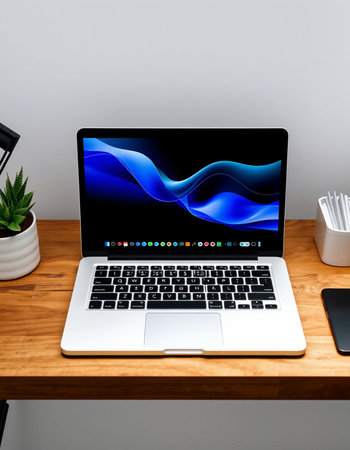Laptop on wood table. 3d rendering.
