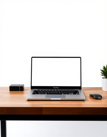 Laptop computer with blank screen on wooden table isolated on white background