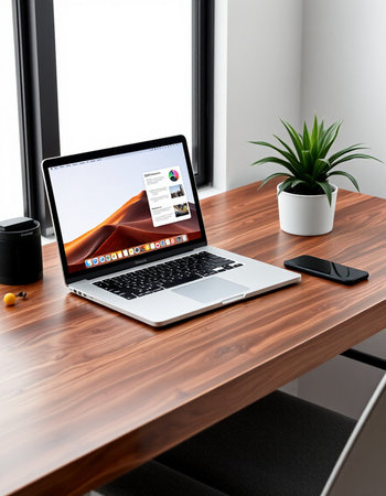 laptop on wood table in modern office, work from home concept