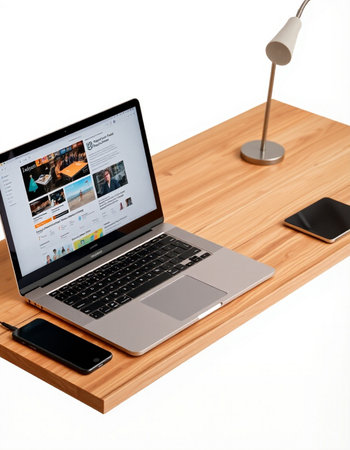 Laptop and mobile phone on a wooden shelf in a modern office