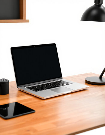 Laptop on wooden table in modern office. 3d render.