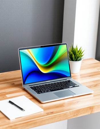 Laptop with colorful screen on wooden table in office. 3d rendering