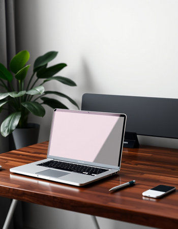Laptop with blank screen on wooden table. 3d rendering.