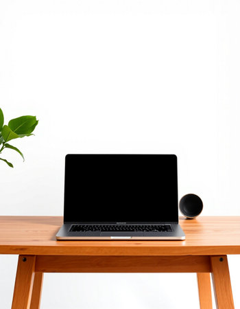 Laptop with blank screen on wooden table and white wall background.