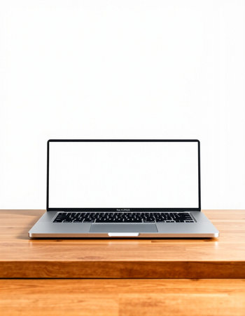 Laptop with blank screen on wooden table and white wall background.の写真素材