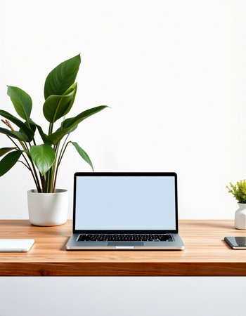 Laptop with blank screen on wooden table and white wall background.