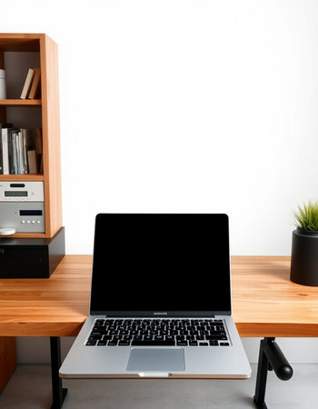 Laptop with blank screen on wooden table in office. 3d render