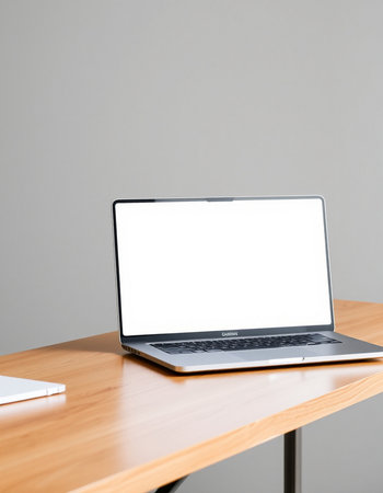 Laptop with blank screen on wooden table and grey wall background.