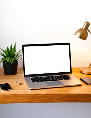 Laptop with blank screen on wooden table and white wall background.の写真素材