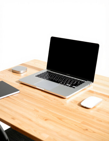 Laptop computer with blank screen and mobile phone on wooden table isolated on white background