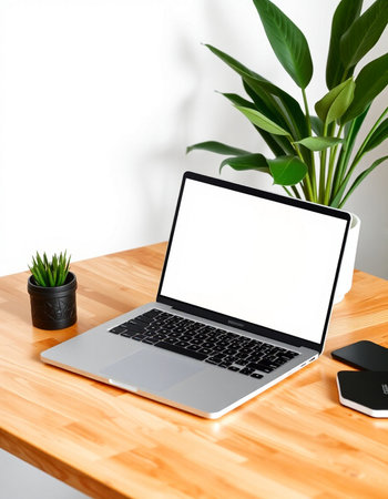 Laptop computer with blank screen on wooden table and green plant on white wall background