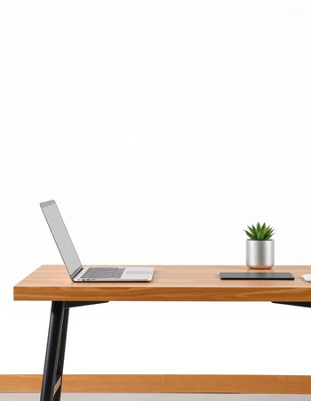 Wooden desk with laptop on white background. 3d rendering.