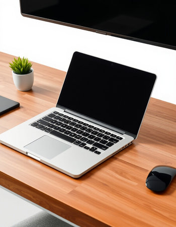 Laptop with blank screen on wooden table in office, stock photo