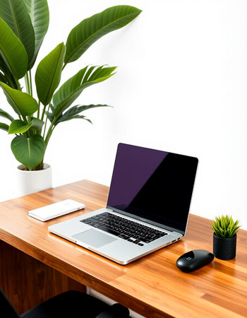 Laptop on wooden desk with white wall and green plant in the background
