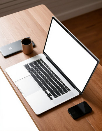Laptop with blank screen on wooden table with smartphone and coffee cup