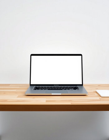 Laptop with blank screen on wooden table and white wall background.