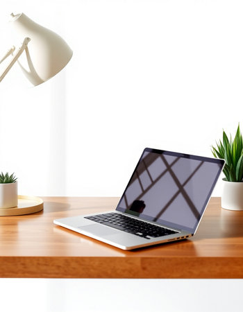 Laptop on wooden table with white wall background. 3d rendering.