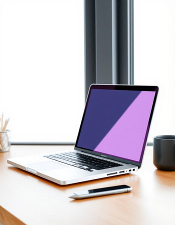 Laptop with blank purple screen on wooden desk. 3d render