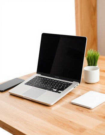 Laptop and smartphone on wooden table with white background, stock photo