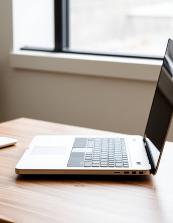 Laptop on a wooden table in front of a window in a modern officeの写真素材