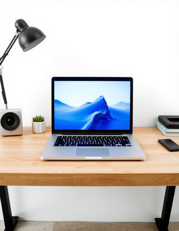 Modern workspace with laptop on wooden table. 3d rendering. Computer mockup