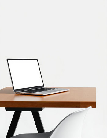 Laptop with blank screen on table in front of white wall.の写真素材
