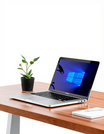 Laptop on wood table and white wall background. 3d rendering.