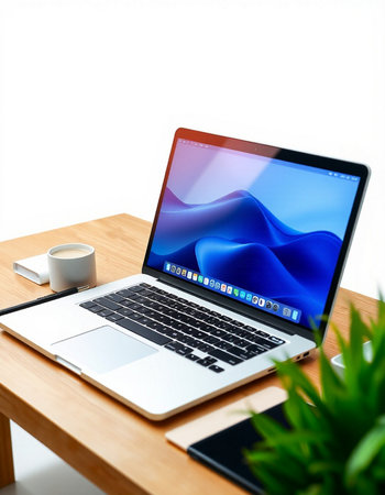Laptop on wooden desk with coffee cup and plant on white background