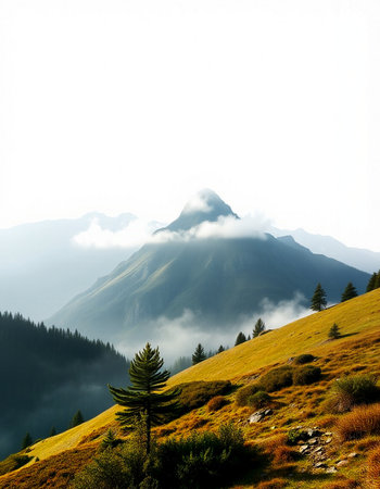 Mountain landscape with a pine tree in the foreground and fog in the background