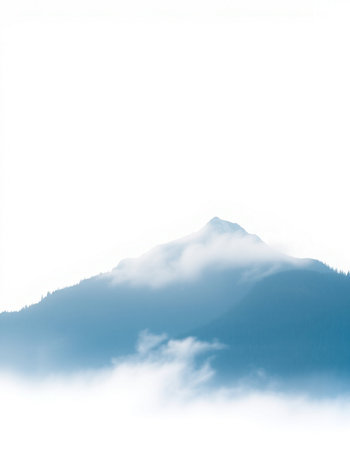 Silhouette of mountains with fog on white background. Isolated