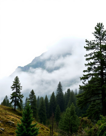 Foggy mountain landscape with coniferous forest in the foreground