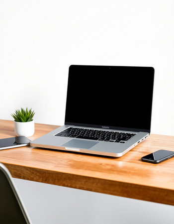 Modern workplace with blank screen laptop and smartphone on wooden table. Mock upの写真素材