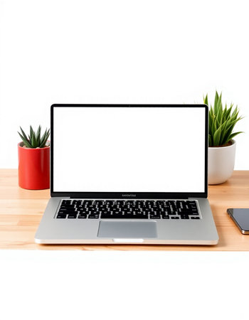 Laptop computer with blank screen on wooden desk. Isolated on white background