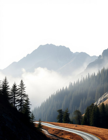 Foggy mountain road with pine trees in Dolomites, Italy