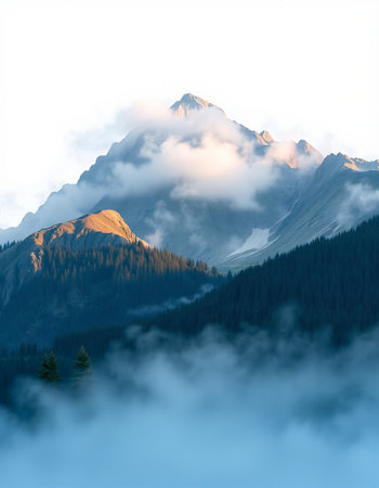 Mountain landscape with fog and clouds. Caucasus Mountains, Georgia.