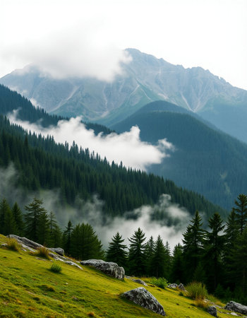 Mountain landscape in the clouds. Caucasus, Dombay.