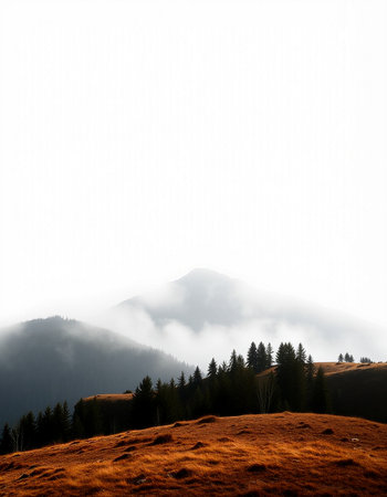 Mountain landscape with fog and trees on the top of the hill