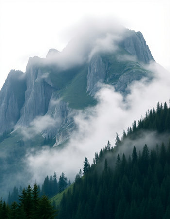 Mountain landscape with fog and clouds. Dolomites, Italy