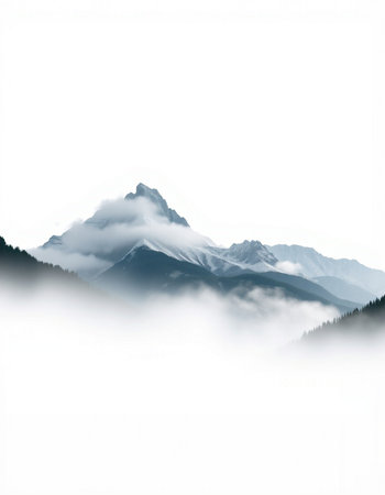 Mountains in the fog on a white background. Landscape.