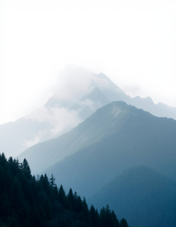 Mountain landscape with fog and clouds. Caucasus Mountains, Georgia.の写真素材