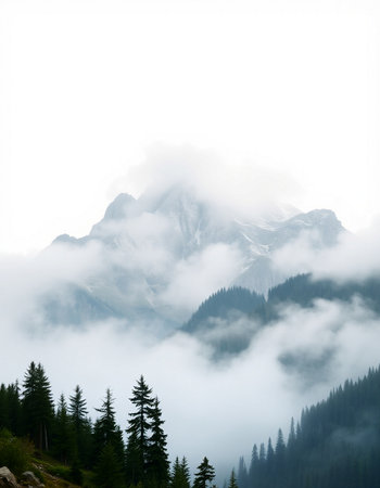 Mountain landscape with fog and coniferous forest in the foreground