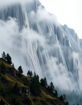 Mountain landscape with fog and clouds in the Alps, Switzerland.の写真素材