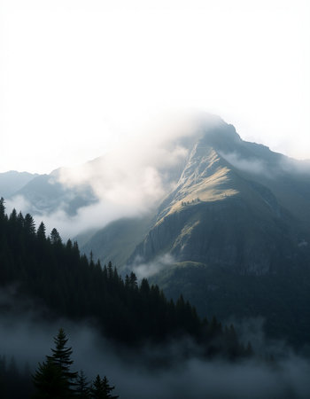 Mountain landscape with fog and clouds. Caucasus, Dombay.