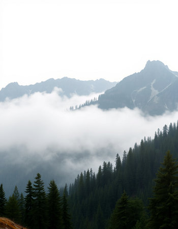 Foggy mountain landscape with pine trees and mountains in the background