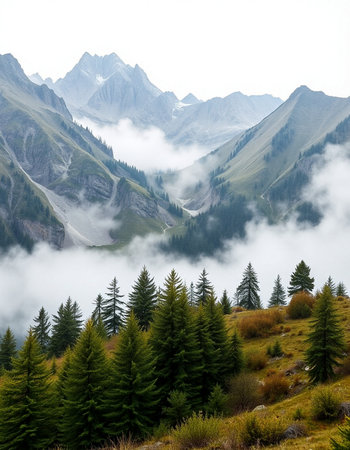 Mountains and coniferous forest in the fog on a cloudy day